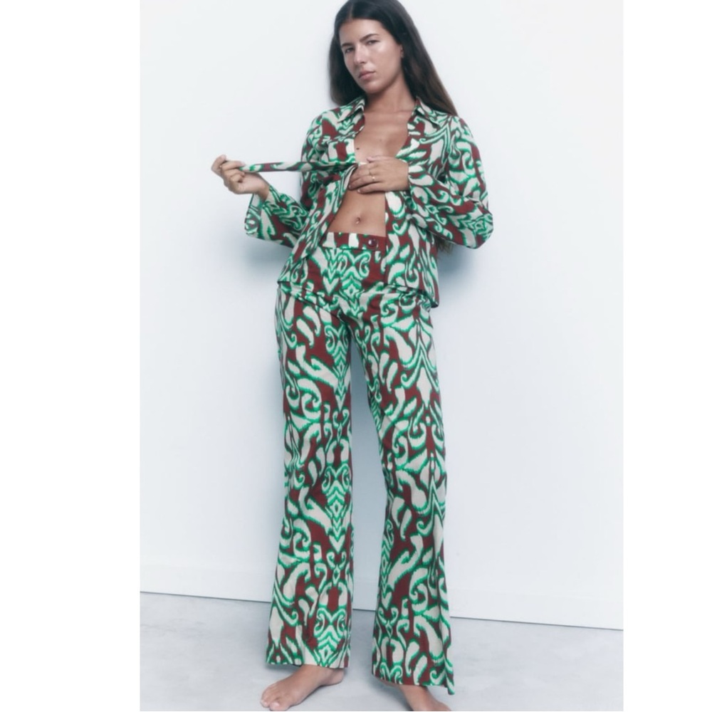 ZARA Groovy Selena Printed Mid Rise Lightweight Flare Straight Trouser Pants XS